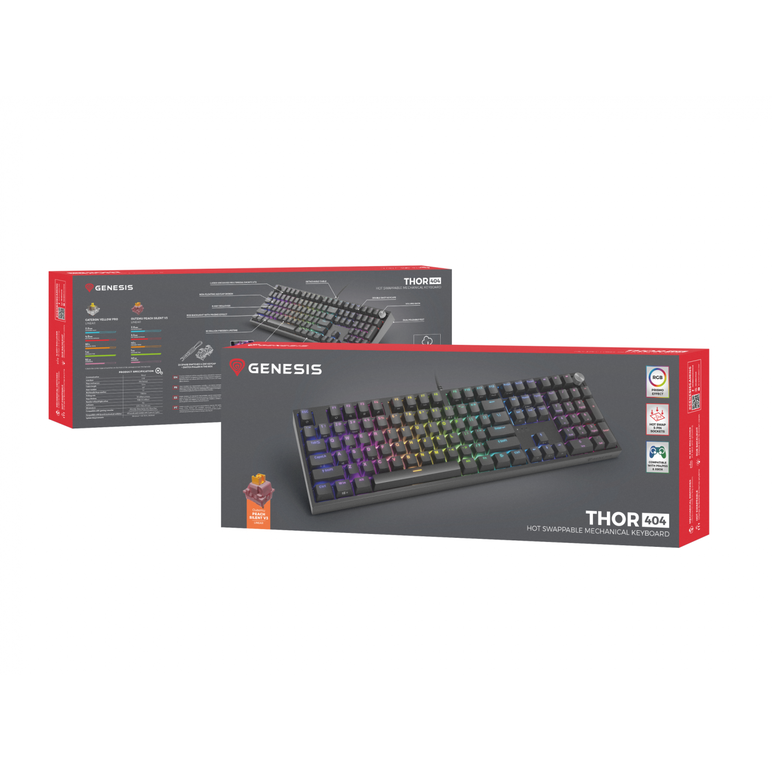 Tastatura gaming mecanica cu fir genesis thor 404 , iluminare rgb, switch-uri peach, 107 taste, 11 butoane multimedia, negru,  Tastaturi | electropc.ro