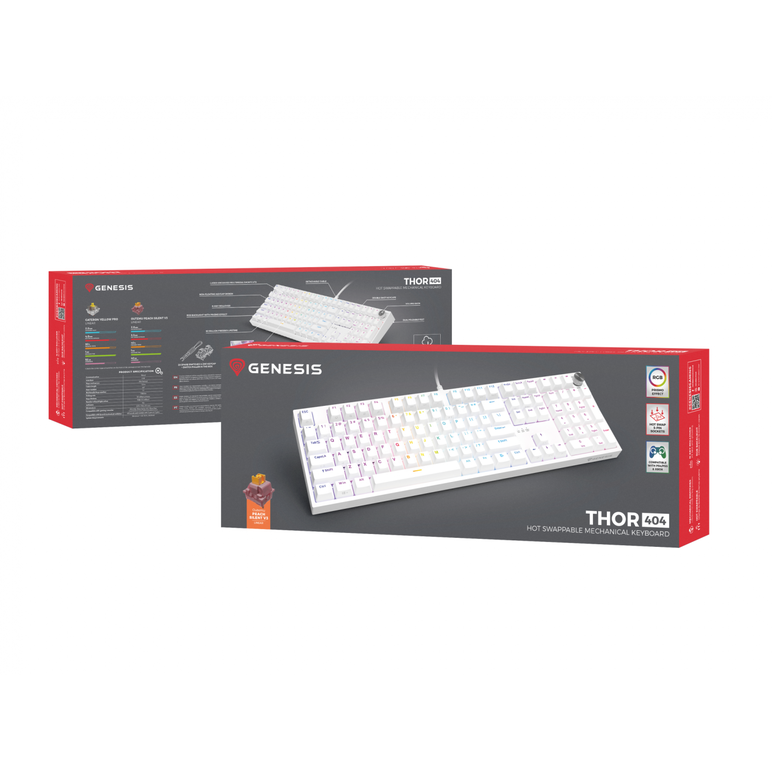 Tastatura gaming mecanica cu fir genesis thor 404, iluminare rgb, 107 taste, 11 butoane multimedia, alb,  Tastaturi | electropc.ro