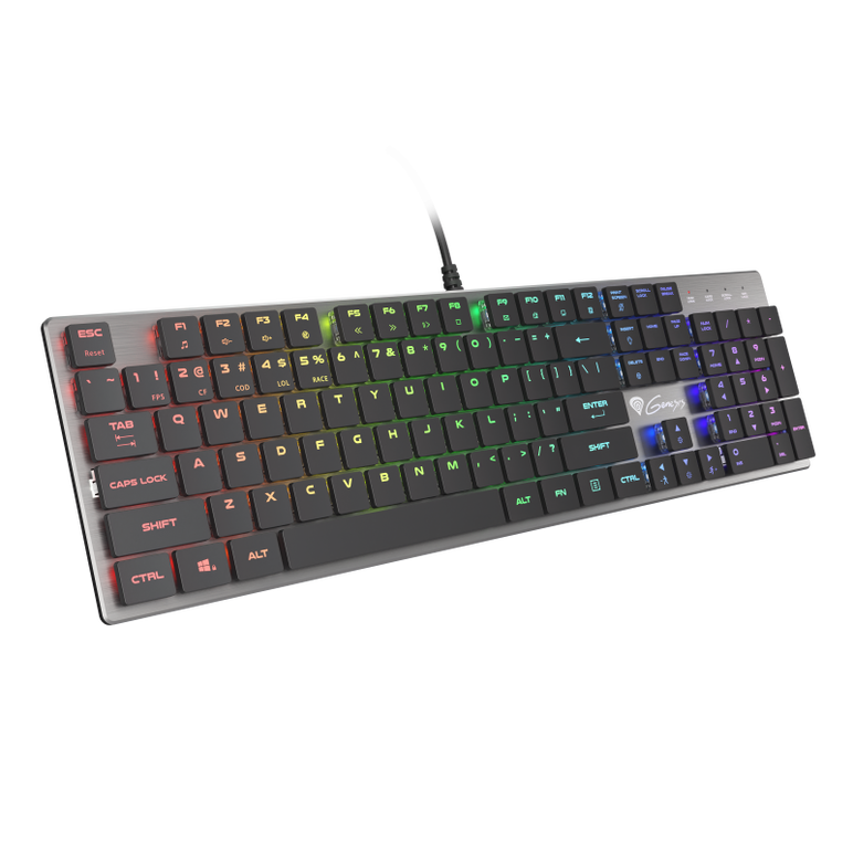 Tastatura gaming mecanica cu fir genesis thor 420 , iluminare rgb, switch content slim blue, numar taste 104, 12 butoane multimedia, lungime cablu 165m, dimensiuni 418 x 113 x 24 mm, gri,  Tastaturi | electropc.ro
