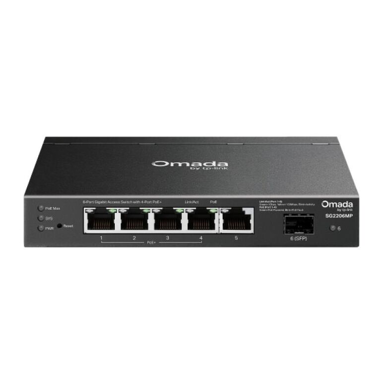 Switch omada access 6-port gigabit, 5× gigabit rj45 ports (4× poe+) and 1× gigabit sfp slot, 63w total poe budget pana la 30w pentru fiecare port* poe+, putere maxima 53.5 vdc / 1.31 a, capacitate switch 12 gbps,  Switch-uri | electropc.ro