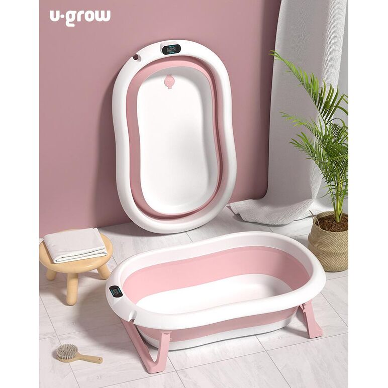 Cadita cu pernuta pentru bebelusi, termometru digital incorporat, pliabila, dop se scurgere, picioare anti-alunecare , roz, u-grow,  Cadite bebe si accesorii baie | electropc.ro