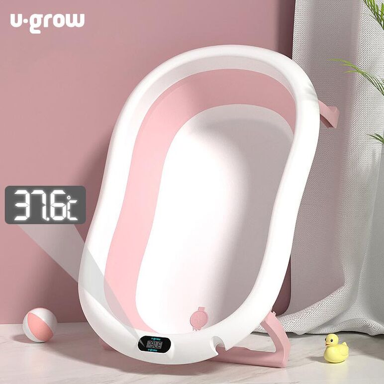 Cadita cu pernuta pentru bebelusi, termometru digital incorporat, pliabila, dop se scurgere, picioare anti-alunecare , roz, u-grow,  Cadite bebe si accesorii baie | electropc.ro