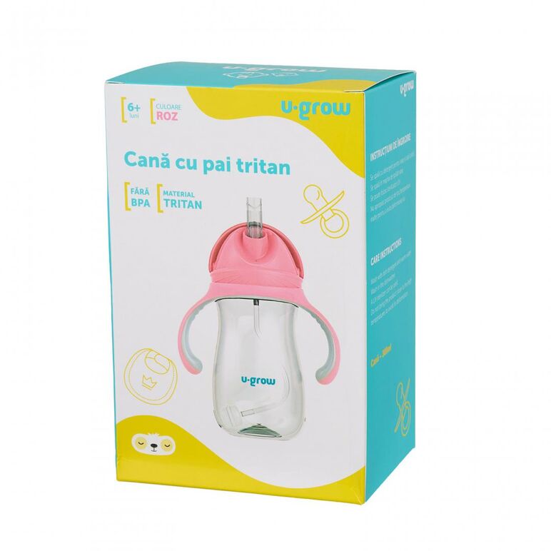 Cana cu pai tritan, roz, 300ml, u-grow,  Cani & Pahare & Accesorii Bebe | electropc.ro
