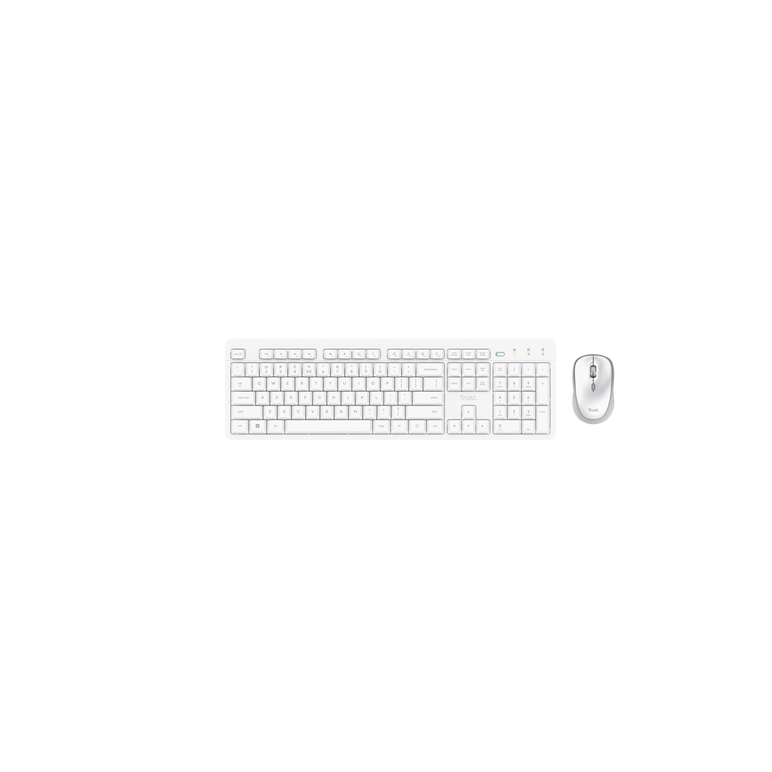 Kit trust ody ii wireless, cu taste silentioase, cu functie de power saving, rezistenta la stropire, conectare tip usb-a 2.0, include 2 baterii, compatibila pc/laptop (windows, macos, chrome os), rezolutie mouse 1600 dpi, optic, alb,  Kit mouse tastatura | electropc.ro