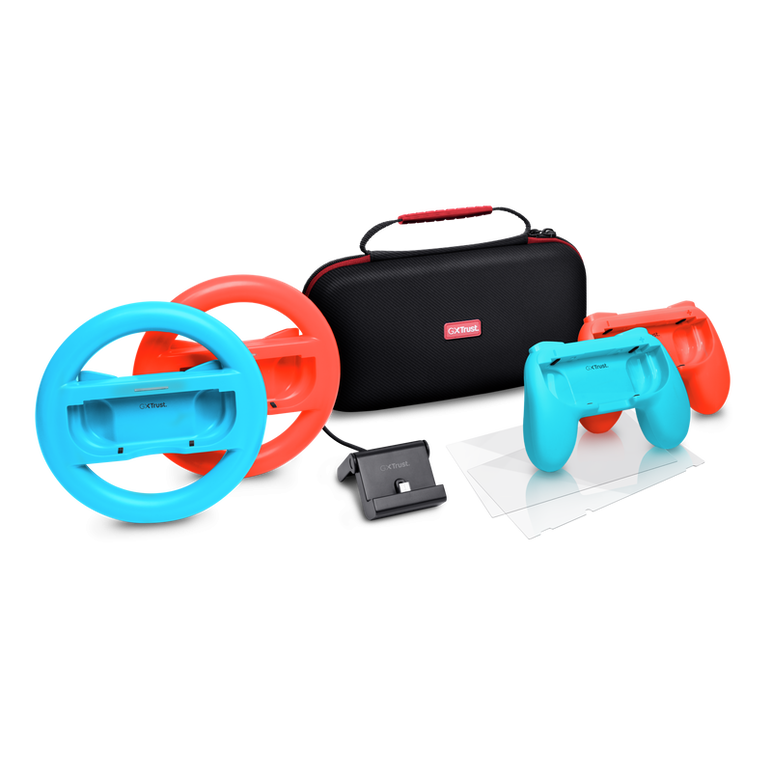 Pachet accesorii trust pentru conosola nintendo switch, pachetul contine: husa de transport, 2 x prinderi joy-con, 2 x volan, sticla securizata pentru switch, sticla securizata pentru switch oled, stand de incarcare, cablu usb-c-a, manual de utilizator,  Accesorii console & PC | electropc.ro