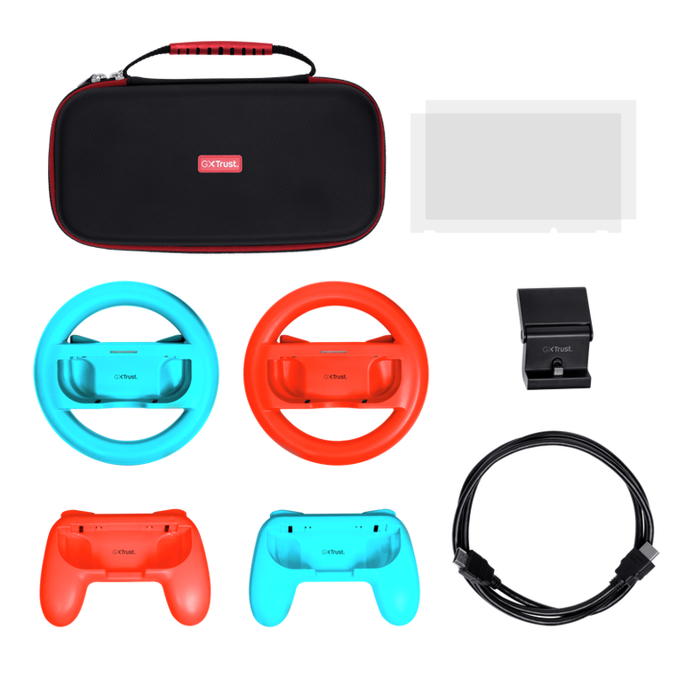 Pachet accesorii trust pentru conosola nintendo switch, pachetul contine: husa de transport, 2 x prinderi joy-con, 2 x volan, sticla securizata pentru switch, sticla securizata pentru switch oled, stand de incarcare, cablu usb-c-a, manual de utilizator,  Accesorii console & PC | electropc.ro