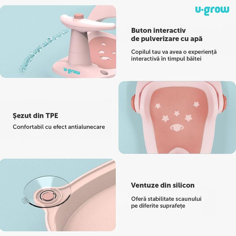 Scaun baie bebe cu ghidon , spatar reglabil, roz pal, u-grow,  Cadite bebe si accesorii baie | electropc.ro