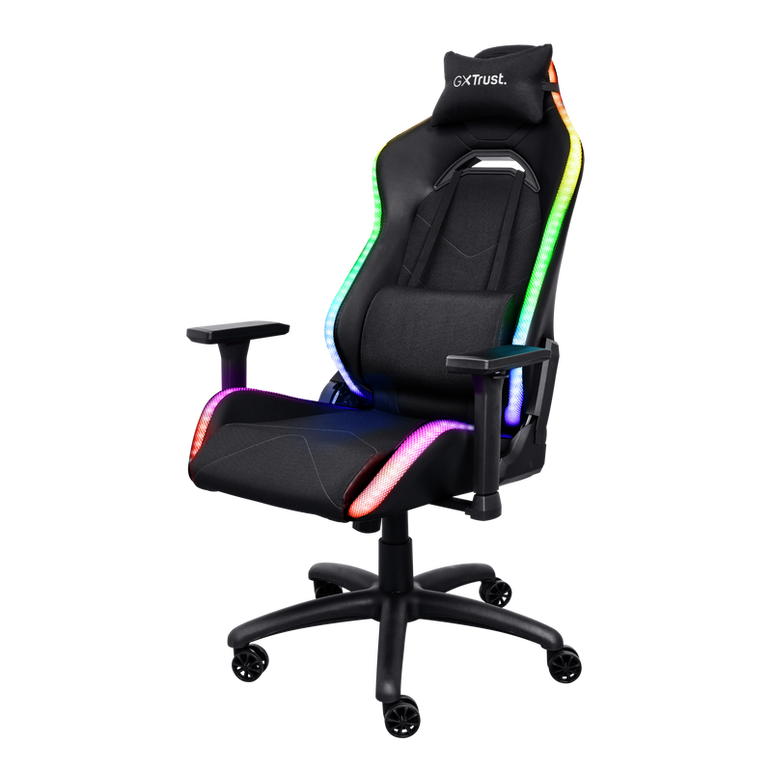 Scaun gaming trust gxt 719 ruya, iluminare rgb, 5 roti, ridicare pe gaz clasa 4, adjustabil pe inaltime, material piele pu si plastic, greutate maxima suportata 150 kg, negru,  Scaune gaming | electropc.ro