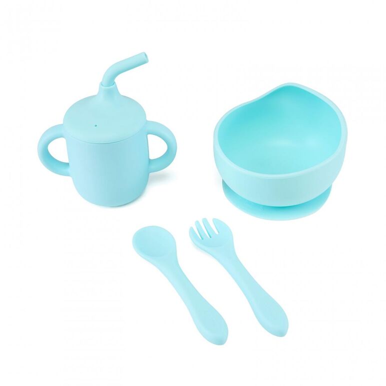 Set 4 piese diversificare din silicon: cana cu pai, bol , lingurita si furculita, blue, u-grow,  Articole hranire bebelusi | electropc.ro