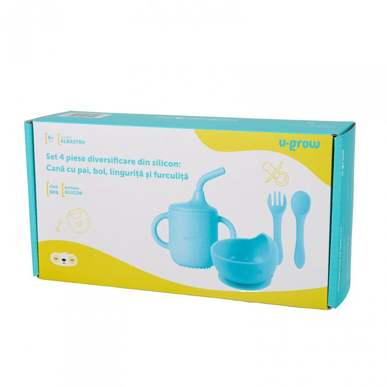 Set 4 piese diversificare din silicon: cana cu pai, bol , lingurita si furculita, blue, u-grow,  Articole hranire bebelusi | electropc.ro