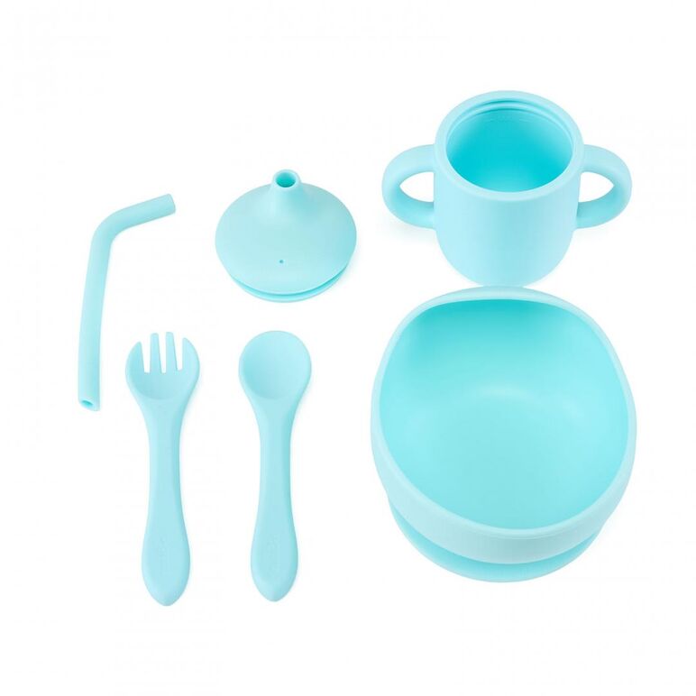 Set 4 piese diversificare din silicon: cana cu pai, bol , lingurita si furculita, blue, u-grow,  Articole hranire bebelusi | electropc.ro