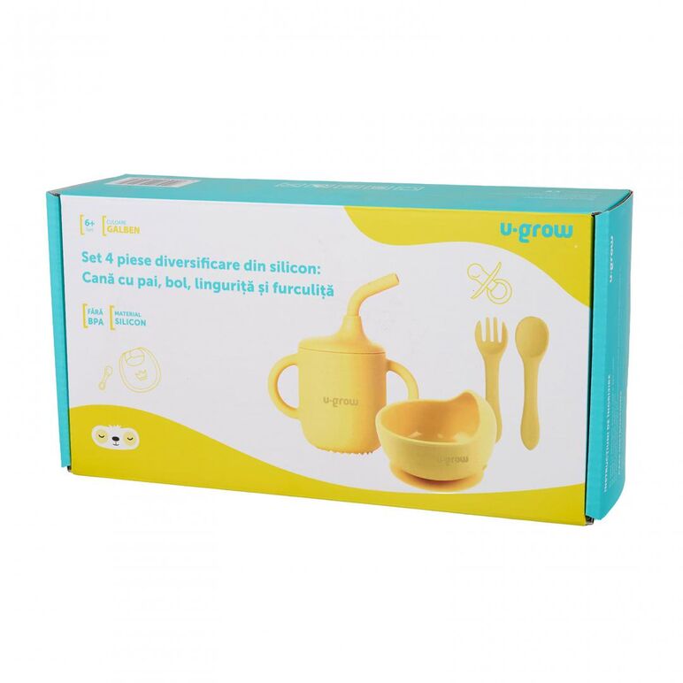 Set 4 piese diversificare din silicon: cana cu pai, bol , lingurita si furculita, galben, u-grow,  Articole hranire bebelusi | electropc.ro