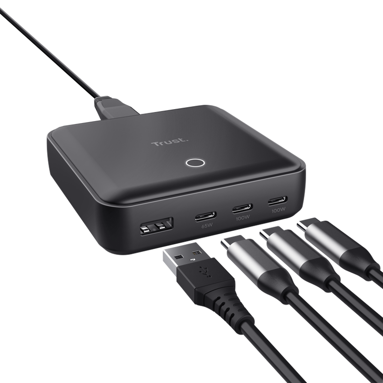 Statie de incarcare trust,  4 porturi: 1 x usb-a & 3 x usb-c, putere maxima 100w, compatibil cu laptop, tableta, smartphone, accessorii, negru,  Periferice Diverse | electropc.ro
