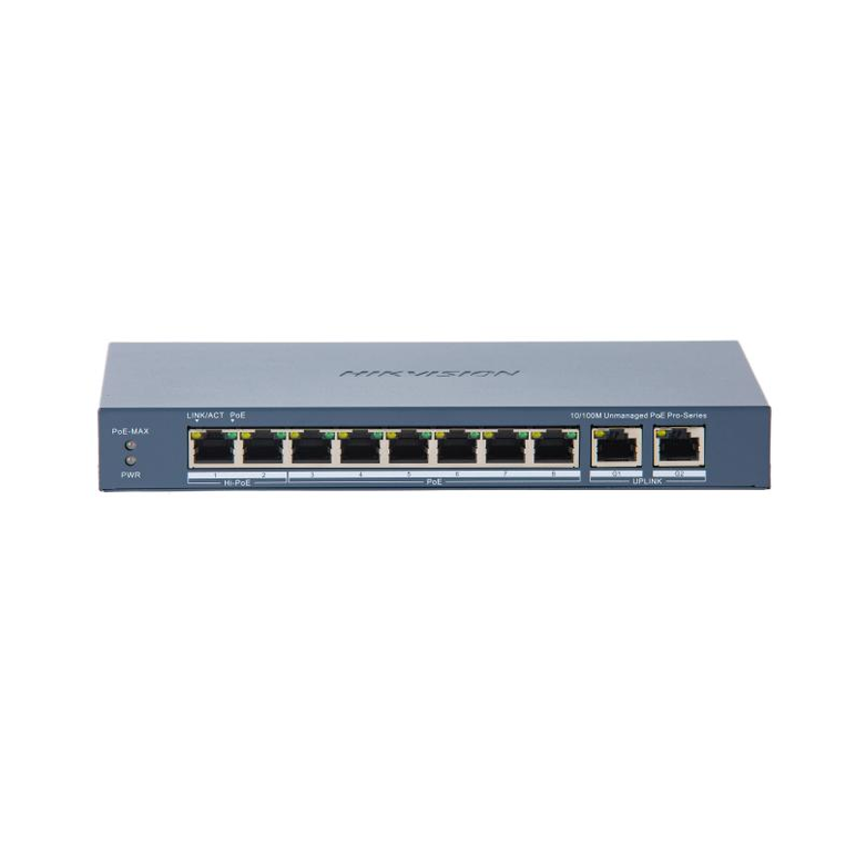 Switch poe hikvision ds-3e0310hp-e(c): 8 × 10/100 mbps poe port,2 × gigabit rj45 port, 16 porturi poe maxim 30w, buget poe 130w, tensiune alimentare: 54 vdc, 2.22 a., dimensiuni: 217.6 mm × 27.6 mm × 108.5 mm, greutate: 1.27kg, montare pe birou.,  Switch-uri | electropc.ro