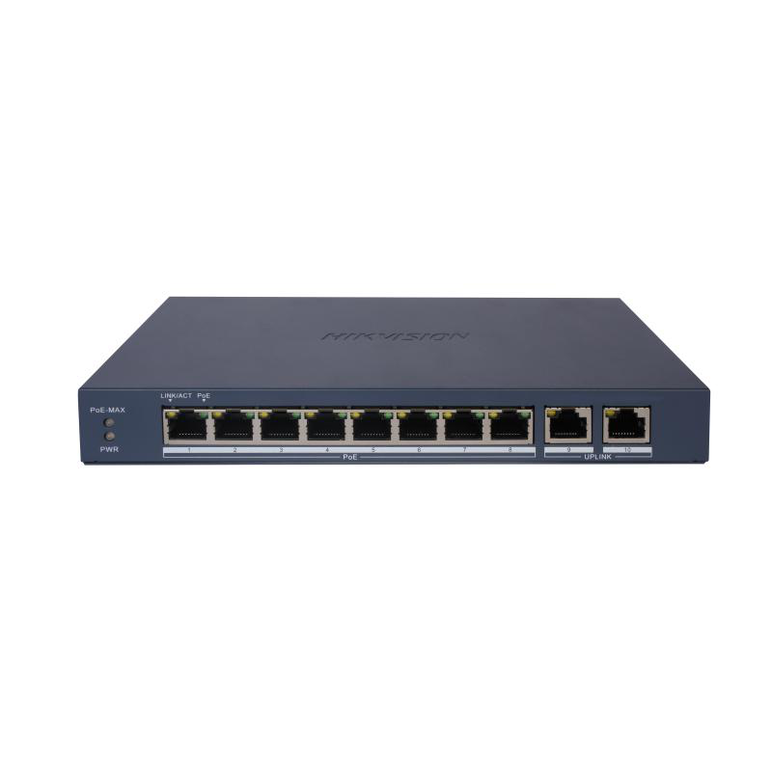 Switch poe hikvision ds-3e1510p-ei/m(b): 8 × gigabit poe port,2 × gigabit rj45 port, 8 porturi poe maxim 30w, buget poe 80w, tensiune alimentare 54vdc, 1.6a, dimensiuni: 217.6 mm × 27.6 mm × 108.5 mm, greutate: 0.54kg, montare pe birou sau pe perete.,  Switch-uri | electropc.ro
