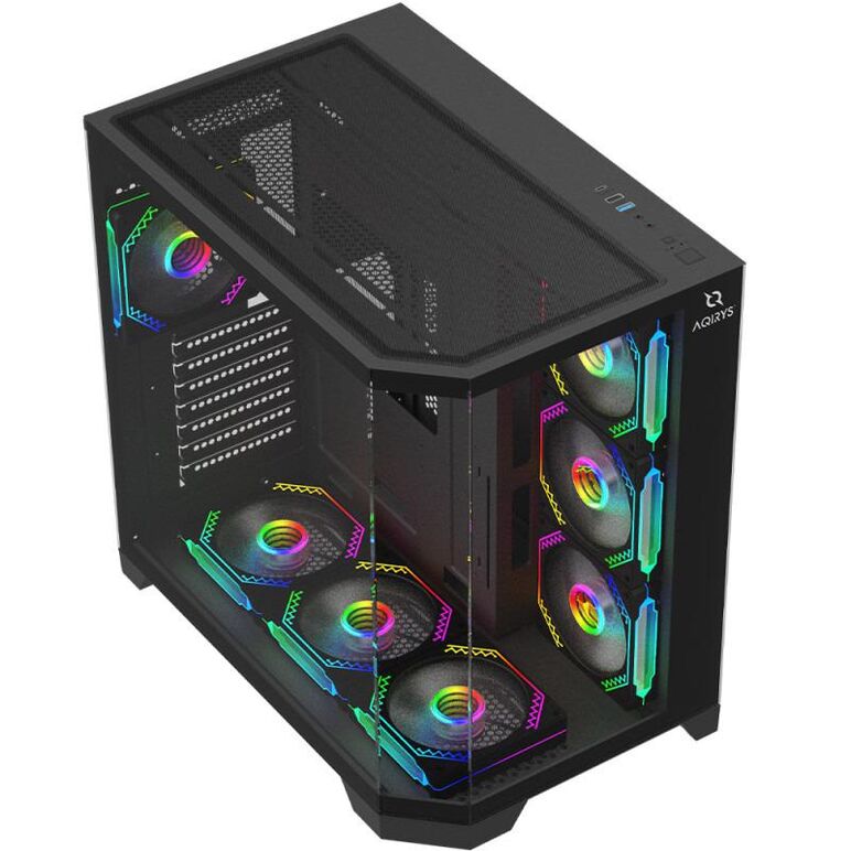 Carcasa aqirys titan mid tower argb negru, tempered glass, sloturi expansiune 7, drive bays: 1x3.5" 2x2.5", ventilatoare suportate: 10 (spate: 1x120mm, lateral: 3x120mm, sus: 3x120mm, jos: 3x120mm), ventilatoare incluse: 7 (spate: 1x120mm, lateral: 3x120m,  Carcase | electropc.ro