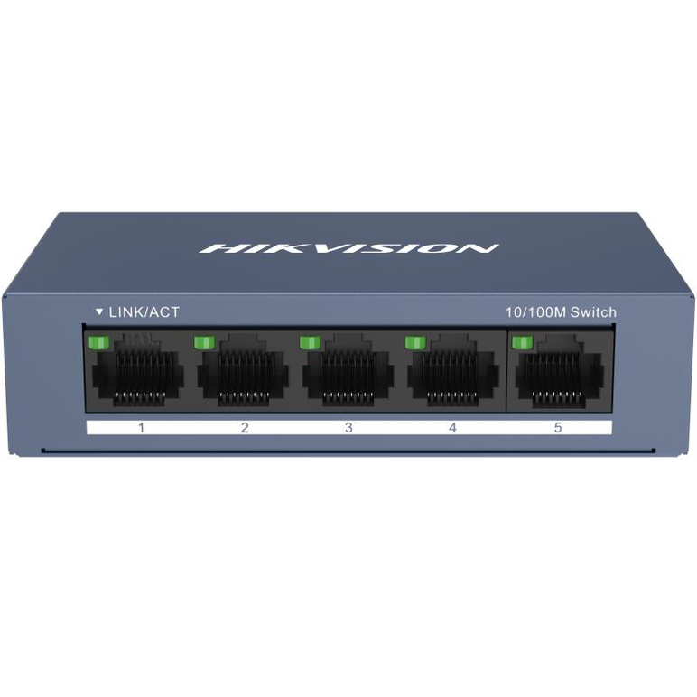 Switch hikvision ds-3e0105-o: 5 × 10/100 mbps rj45 port, tensiune alimentare 5 vdc, 1a., dimensiuni: 103.05 mm × 25.6 mm × 61.1 mm, greutate: 0.15kg, montare pe birou sau pe perete.,  Switch-uri | electropc.ro