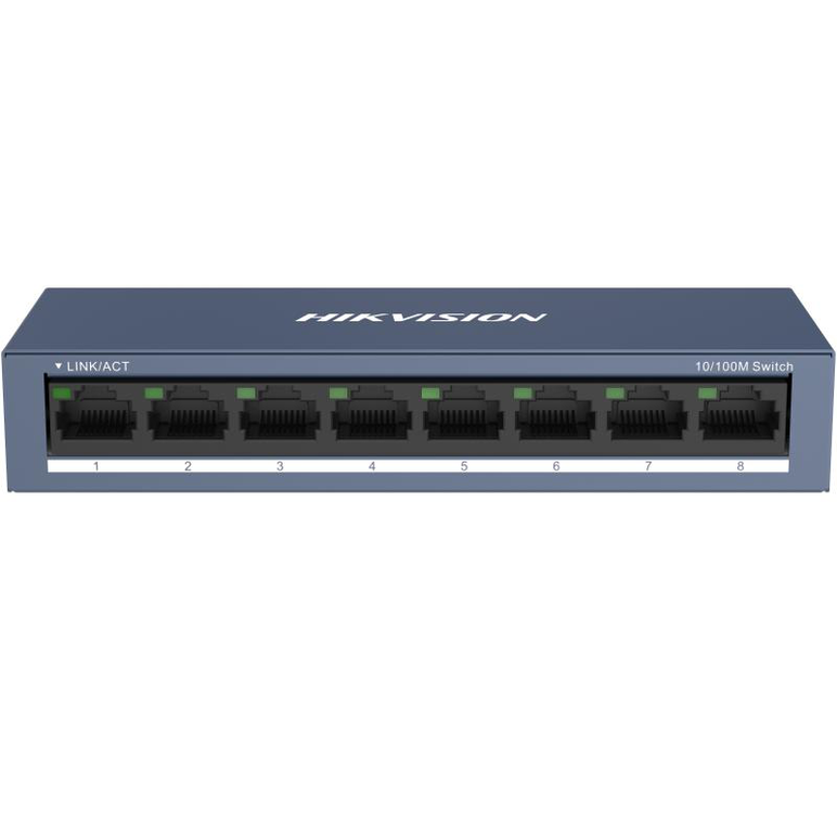 Switch hikvision ds-3e0108-o: 8 × 10/100 mbps rj45 port, tensiune alimentare 5 vdc, 1a., dimensiuni: 142.4 mm × 25.6 mm × 53.1 mm, greutate: 0.2 kg, montare pe birou sau pe perete.,  Switch-uri | electropc.ro