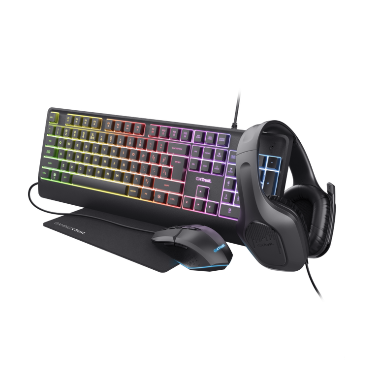 Kit trust gxt 792 quadrox 4-in-1, kitul contine: casti gaming, tastatura gaming, mouse gaming, mousepad, adaptor,  Tastaturi | electropc.ro