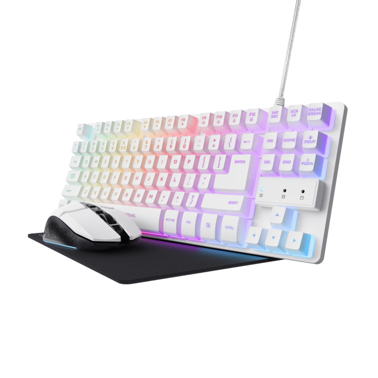 Kit trust gxt 794w 3-in-1, kitul include: tastatura gaming, mouse cu fir gaming, mousepad, cablu usb-a la usb-c de 1m, usb micro receiver.,  Tastaturi | electropc.ro