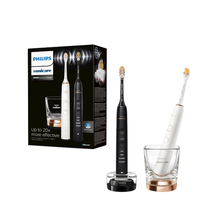 Set de doua periute sonice philips sonicare hx9914/69 diamond clean 9000 hx9914/69, 4 moduri de periere, 3 intensitati, 1 suport, 1 pahar, alb/negru/auriu,  Periute electrice de dinti | electropc.ro