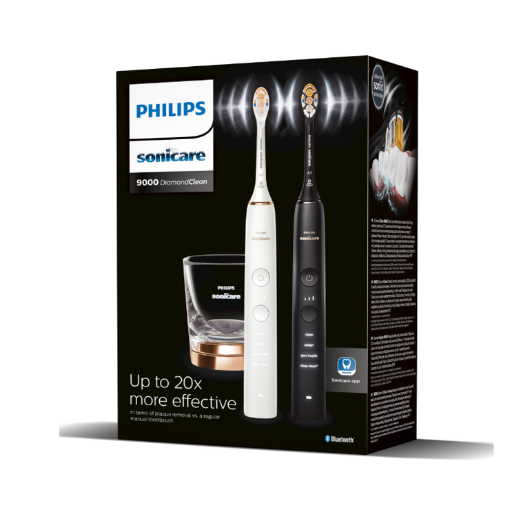 Set de doua periute sonice philips sonicare hx9914/69 diamond clean 9000 hx9914/69, 4 moduri de periere, 3 intensitati, 1 suport, 1 pahar, alb/negru/auriu,  Periute electrice de dinti | electropc.ro