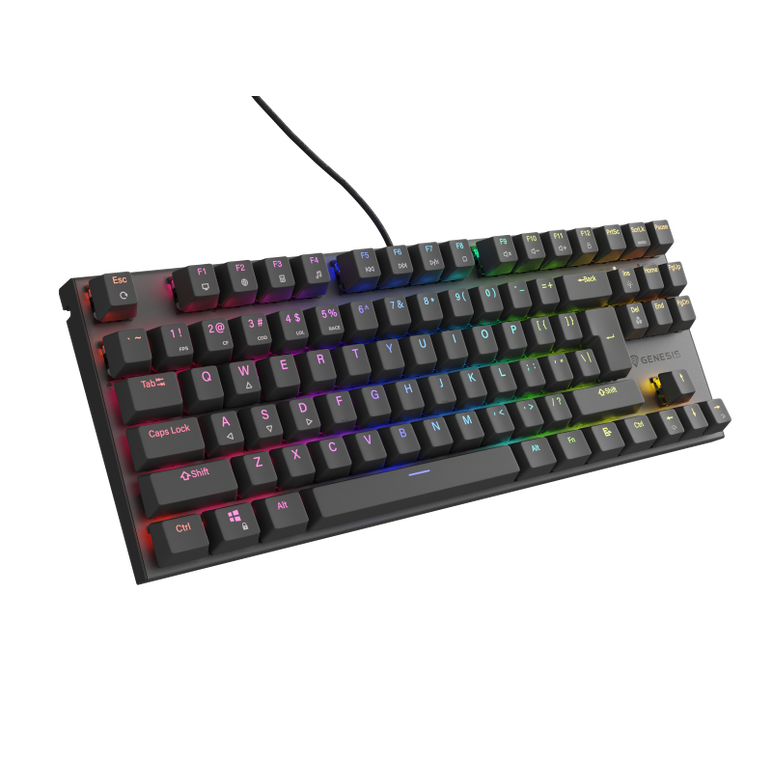 Tastatura gaming mecanica cu fir genesis thor 303 tkl, iluminare rgb, switch linear, switch model outemu red, numar taste 87, 11 butoane multimedia, lungime cablu 1.8m, dimensiuni 355 x 136 x 36 mm, negru,  Tastaturi | electropc.ro
