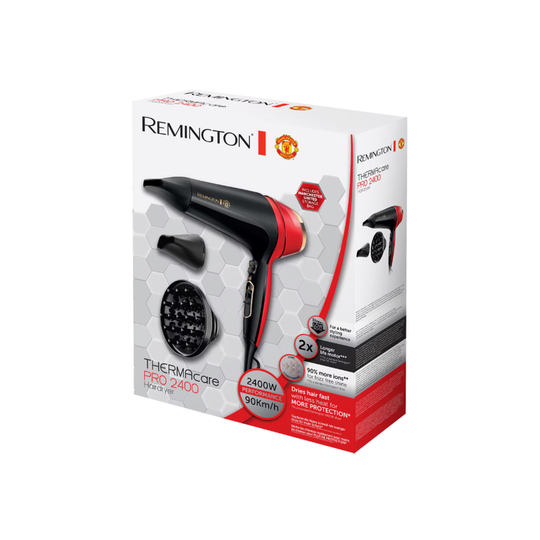 Uscator de par remington d5755 thermacare manchester united, 2400 w, 2 viteze, 3 trepte de temperatura, indicator led ionic, turbo boost, rosu/ negru,  Uscatoare de par | electropc.ro