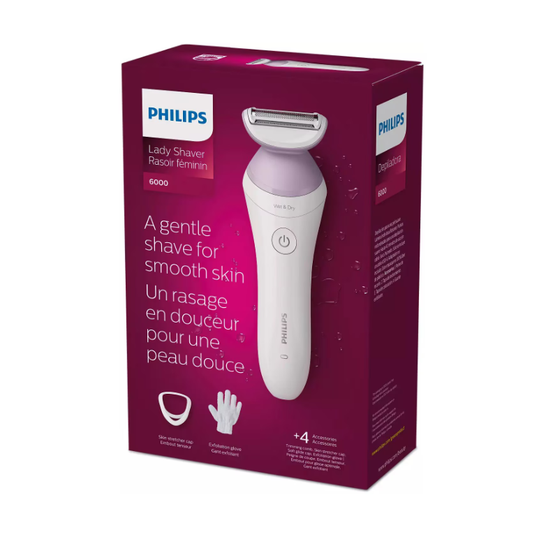 Aparat de ras fara fir umed si uscat philips lady shaver seria 6000 brl136/00, wet&dry, 40 min utilizare, manusa exfoliere, alb/mov,  l x a x i (mm) 60x120x185,  Aparate de tuns | electropc.ro