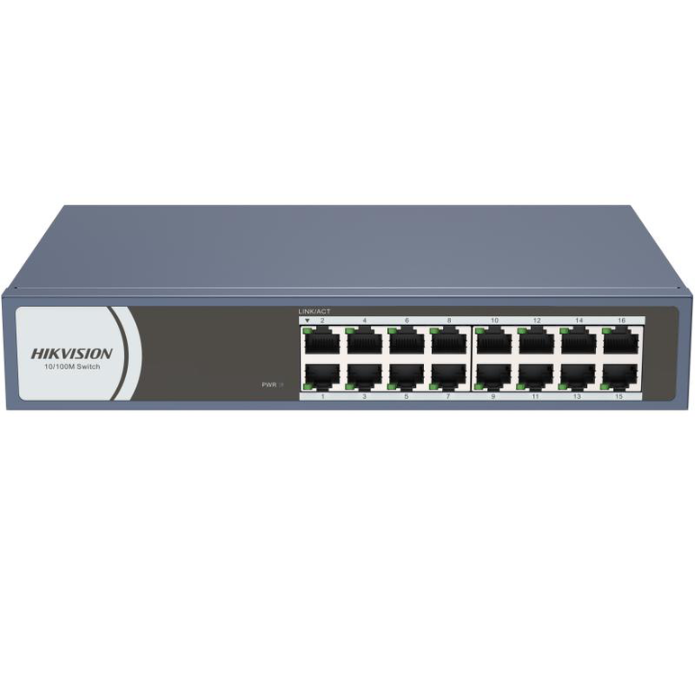 Switch hikvision ds-3e0116r-o: 16 × 10/100 mbps rj45 port,  tensiune alimentare 220 vac, 50/60 hz, dimensiuni: 257..0 mm × 44.5 mm × 175.8 mm, greutate: 1.1kg, montare pe birou, in rack sau pe perete.,  Switch-uri | electropc.ro