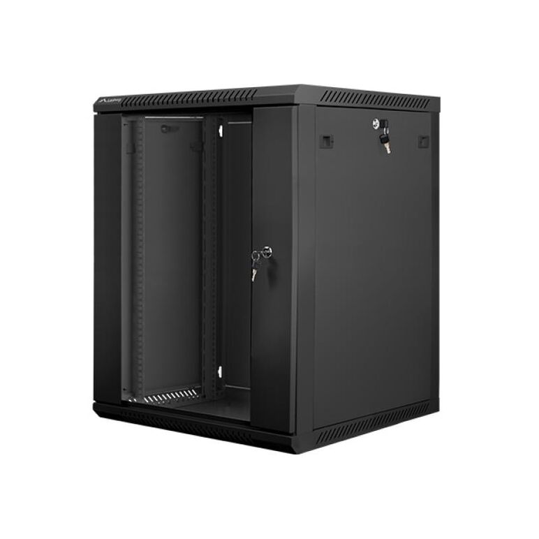 Dulap rack 19" perete 15u / 600x600 (flat pack) cu ușă din sticlă, negru  v2,  Cabinete metalice | electropc.ro