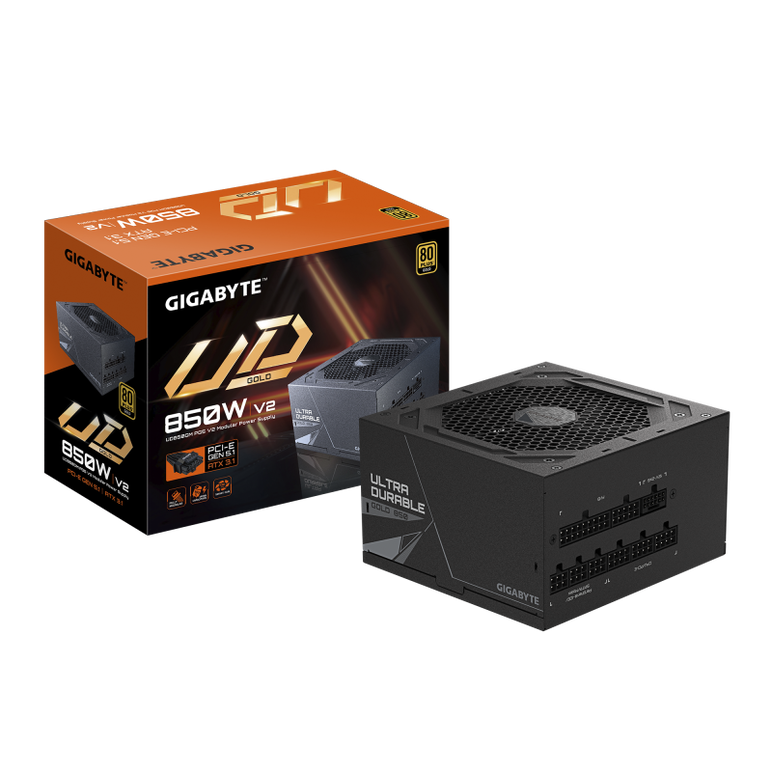 Gigabyte ud850gm pg5 v2 power supply unit- pcie gen 5.1, 80 plus gold, fully modular design, 120mm fan, atx 3.1 compatible, eu plug.  total power: 850 w, ac input voltage: 100 - 240 v, ac input frequency: 50/60 hz. motherboard power connector: 20+4 pin at,  Surse PC | electropc.ro