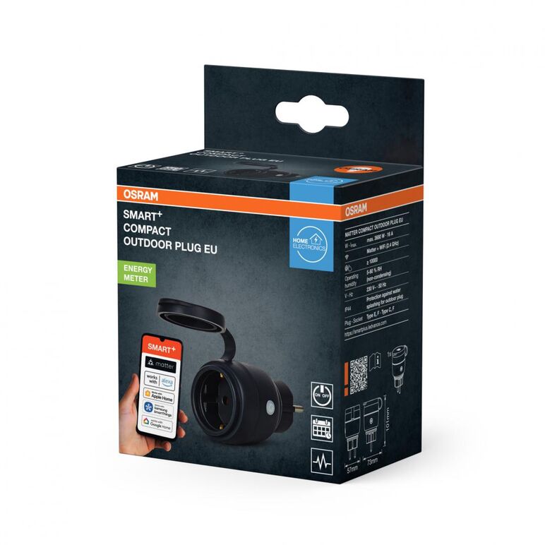 Priza inteligenta de exterior osram smart+ matter over wifi (2.4 ghz), 16a, 3680w, ip44, compatibila amazon alexa, google home, apple home, samsung smartthings si alte platforme matter, neagra,  Accesorii pentru iluminat inteligent | electropc.ro