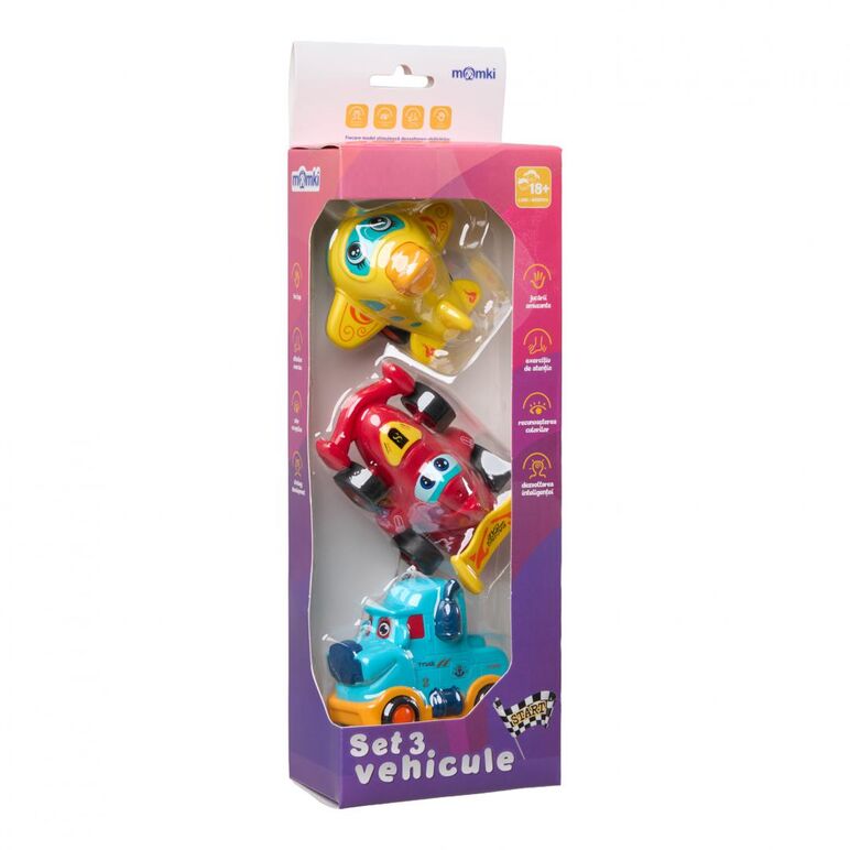Set 3 vehicule actionate prin inertie- camion albastru, masina de curse rosie, avion galben,momki,  Masinute | electropc.ro