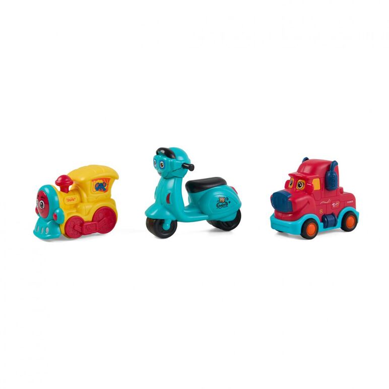 Set 3 vehicule actionate prin inertie- masinuta rosie, tren galben, scuter albastru,momki,  Masinute | electropc.ro