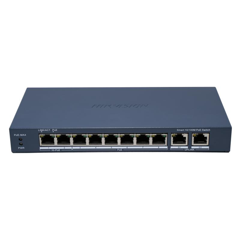 Switch poe hikvision ds-3e1310hp-ei(b): 8 x 10/100m poe ports, 2 x gigabit uplink ports, 8 porturi poe maxim 90w, buget poe 110w, tensiune alimentare 54 vdc, 2.22 a, dimensiuni: 217.6 mm × 27.6 mm × 108.5 mm, greutate: 0.55kg, montare pe birou sau pe pere,  Switch-uri | electropc.ro