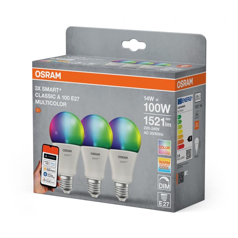 3 becuri led rgb inteligente osram smart+ matter over wifi classic multicolour a ,e27, 14w (100w), 1521 lm, lumina alba si color (2700-6500k),  Surse de lumina LED inteligente | electropc.ro