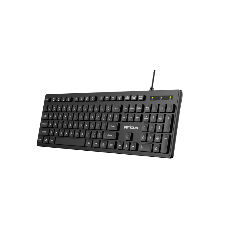 Tastatura serioux cu fir, interfata usb, 104 taste, material abs, us layout, lungime cablu 1.5m pvc, dimensiuni 429*128*20mm; 416g, negru,  Tastaturi | electropc.ro