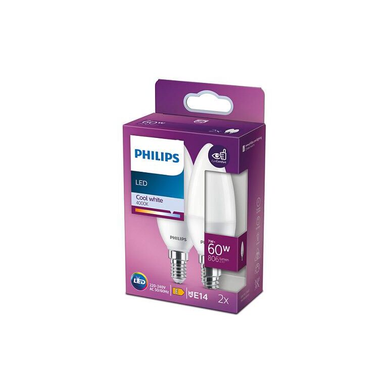 2 becuri led philips b38, eyecomfort, e14, 7w (60w), 806 lm, lumina neutra (4000k), mat,  Becuri si Tuburi LED | electropc.ro