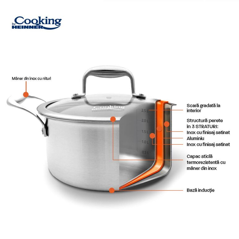 Semioala inox+capac sticla 20x10cm, 2.8l, atomic3, cooking by heinner,  Tavi copt | electropc.ro