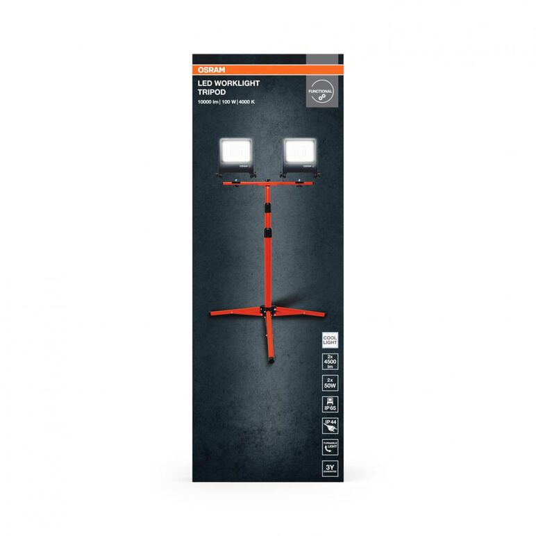 2 proiectoare led (lampa de lucru) cu stativ osram worklight tripod,2x50w, 220-240v, 2x4500 lm, lumina neutra(4000k), ip65/ik06/ip44,inaltime ajustabila 1.8m, aluminiu,  Proiectoare | electropc.ro