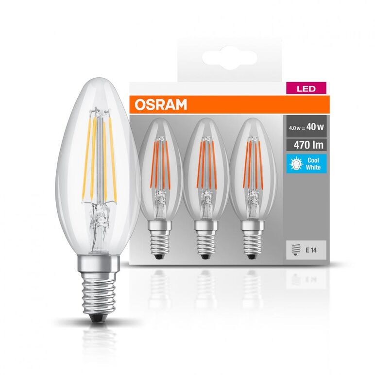 3 becuri led osram base classic b, e14, 4w (40w), 470 lm, lumina neutra (4000k), cu filament,  Becuri si Tuburi LED | electropc.ro