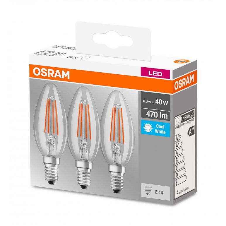 3 becuri led osram base classic b, e14, 4w (40w), 470 lm, lumina neutra (4000k), cu filament,  Becuri si Tuburi LED | electropc.ro