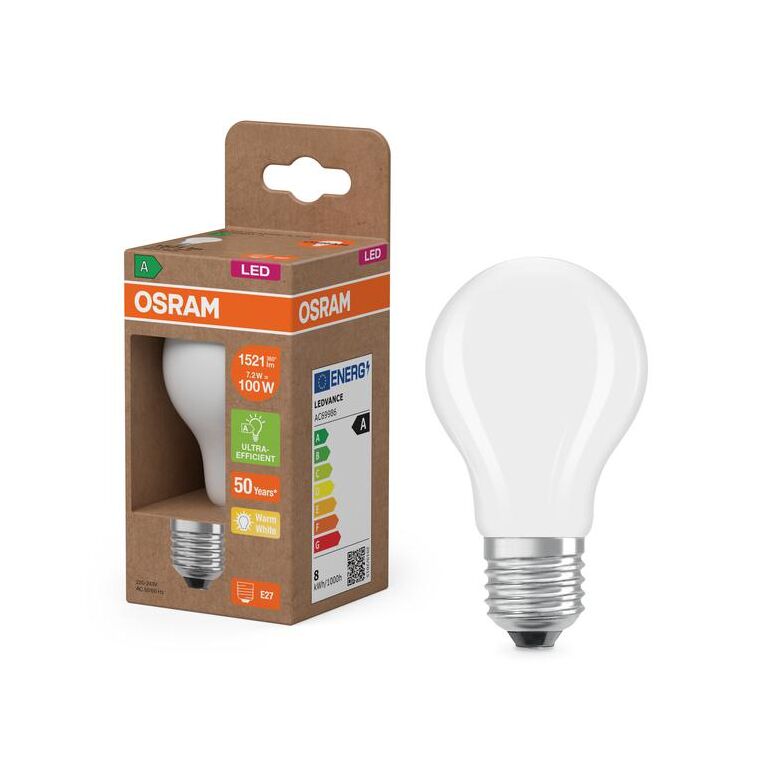 Bec led osram classic a60, ultra efficient light, e27, 7.2w (100w), 1521 lm, lumina calda (3000k),  Becuri si Tuburi LED | electropc.ro