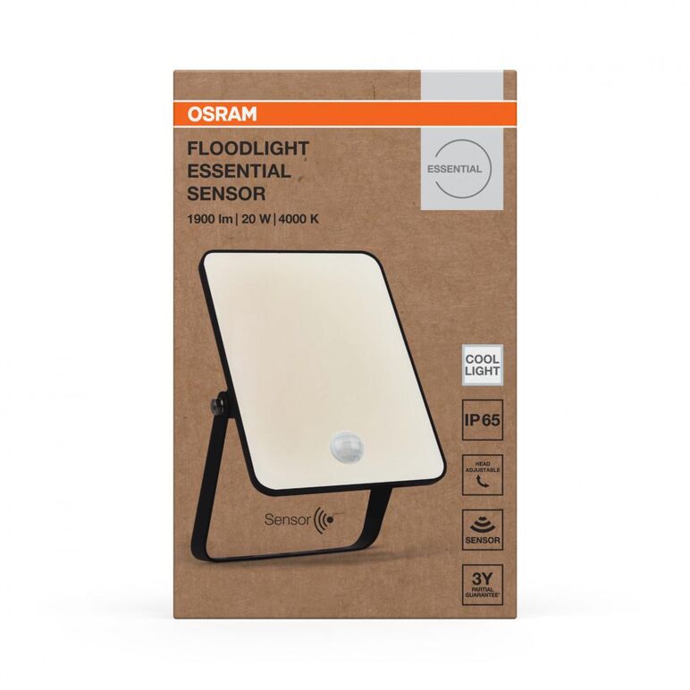 Proiector led cu senzor de miscare si lumina osram floodlight essential, 20w, 220-240v, 1800 lm, lumina neutra(4000k), ip65,17.3x2.8x11.1cm, aluminiu, negru,  Proiectoare | electropc.ro
