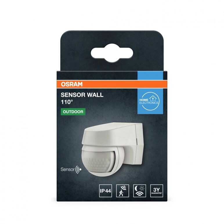 Senzor de lumina si miscare aplicabil pe perete osram sensor wall 110°, 230v, ip44, 60x72x77mm, reglabil 2s - 15min, alb,  Accesorii iluminat de exterior | electropc.ro