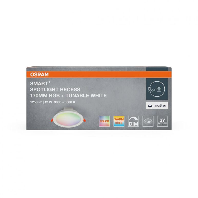 Spot led rgb incastrat osram smart+ matter 100°, 12w, 1250 lm, lumina alba si color(3000-6500k), ip20/ik03, Ø170mm, alb,  Corpuri de iluminat inteligente pentru interior | electropc.ro