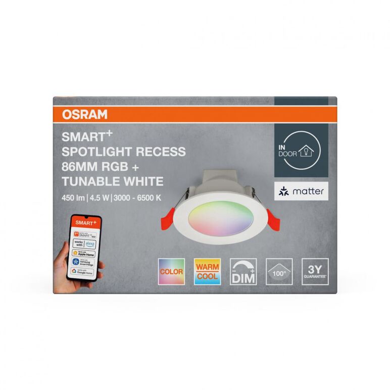 Spot led rgb incastrat osram smart+ matter 100°, 4.5w, 450 lm, lumina alba si color(3000-6500k), ip20/ik03, Ø86mm, alb,  Corpuri de iluminat inteligente pentru interior | electropc.ro