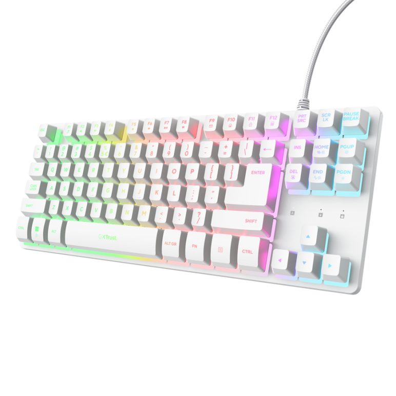 Tastatura trust cu fir gxt833w thado tkl, numar butoane 87, interfata usb 2.0, conector usb-a male, compatibila cu ps4, xbox one, nintendo switch, ps5, alb,  Tastaturi | electropc.ro