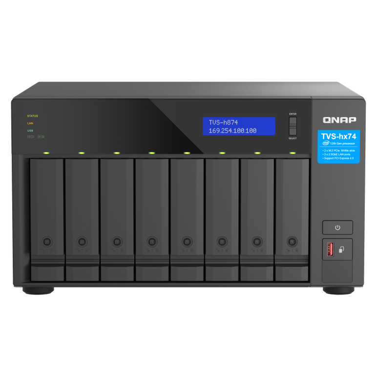 Nas qnap h874 8-bay, cpu intel® core™ i7 12-core 20-thread processor, ram 32gb (2x 16gb) ddr4 sodimm (max. 64gb), 8 x 2.5"/3.5" sata 6gbps + 2 x m.2 2280 nvme hdd (neincluse),  lan: 2 x 2.5gbe (2.5g/1g/100m/10m), tower, single psu, 350w, garantie 3 ani,  NAS | electropc.ro